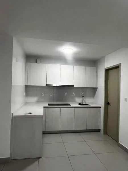 Kitchen features: white cabinetry, laminate countertop, single-bowl stainless-steel sink, chrome pull-down faucet, built-in stove, tile backsplash, recessed ceiling lights, grey floor tiles; style: modern.