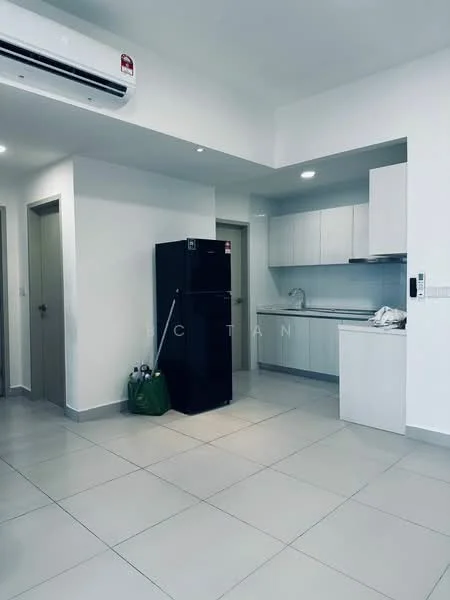 Kitchen features: white cabinets, black refrigerator, stainless-steel sink, chrome faucet, ceramic tile flooring, recessed downlights, wall-mounted split AC, countertop with backsplash, open layout, neutral wall color; style: modern.