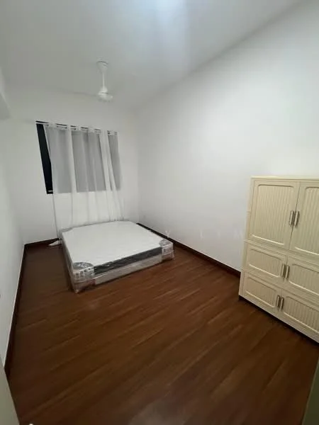 Bedroom features: wooden flooring, white painted walls, ceiling fan, window with sheer curtains, unmade bed with mattress, cream storage cabinet.