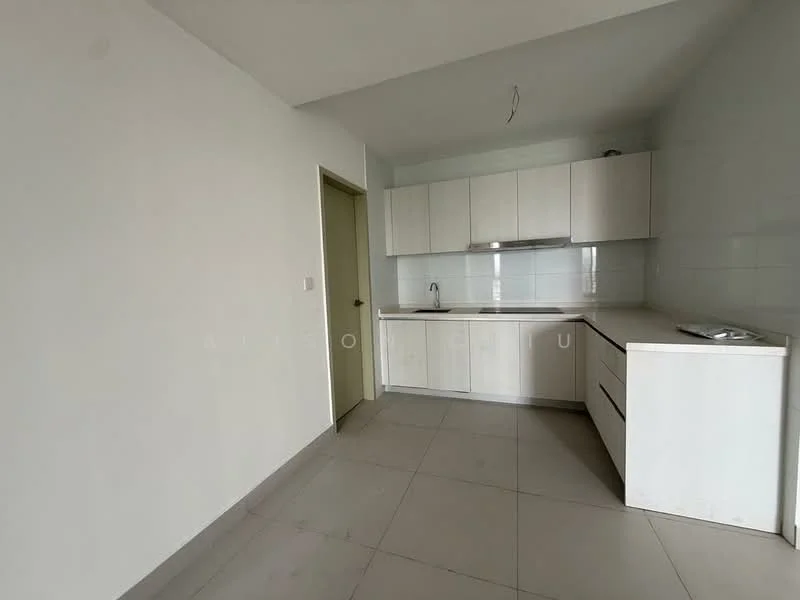 Kitchen features: white cabinetry, single-bowl stainless-steel sink, chrome pull-down faucet, white countertop, ceramic tile flooring, white tiled backsplash, built-in oven, stainless-steel range hood, 2-burner gas hob, recessed downlights; style: modern.