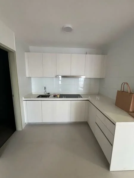 Kitchen features: white flat-panel cabinets, white countertop, single-bowl stainless-steel sink, chrome pull-down faucet, built-in stove, exhaust hood, tile backsplash, light grey flooring, recessed ceiling lights; style: modern.