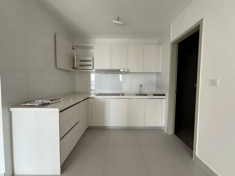 Kitchen features: white cabinetry, laminate countertop, stainless-steel sink, chrome pull-down faucet, built-in oven, freestanding range oven, ceramic tile flooring, white tiled backsplash, under-cabinet lighting, open shelving, drawer storage, wall-mounted cabinet, single-bowl sink; style: modern.