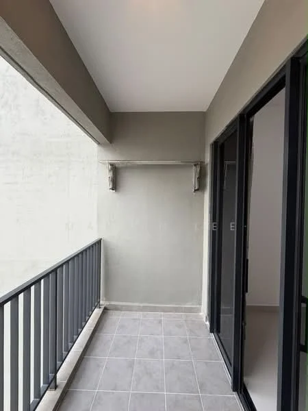 Room features: grey painted walls, sliding glass door, floor-to-ceiling windows, grey tiled flooring, balcony railing, outdoor wall-mounted fixture; style: modern.
