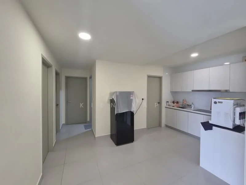 Kitchen features: white cabinetry, stainless-steel fridge, built-in oven, ceramic tile flooring, recessed downlights, countertop with space for appliances, sink, microwave, neutral wall color, open layout; style: modern. Room features: grey painted walls, doorway to hallway, doorway to bathroom, doorway to bedroom, neutral color scheme.