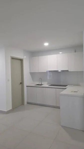 Kitchen features: white cabinetry, stainless-steel sink, chrome pull-down faucet, grey countertop, white tiled backsplash, built-in oven, freestanding range oven, ceramic tile flooring, recessed LED downlights, wall-mounted cabinet, kitchen island, open shelving; style: modern.