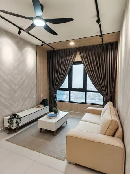 Living features: 3-seater fabric sofa in beige, coffee table, TV console, area rug, floor-to-ceiling windows, sheer curtains, dark curtains, ceiling fan with light, recessed downlights, wood accent wall, light-colored tile flooring; style: modern; view: city.
