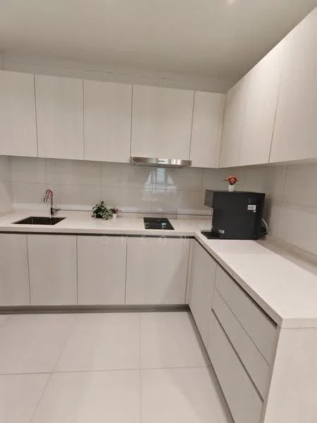 Kitchen features: white cabinetry, quartz countertop, single-bowl stainless-steel sink, chrome pull-down faucet, built-in stove, black coffee machine, white tiled backsplash, white tiled flooring, recessed downlights; style: modern.
