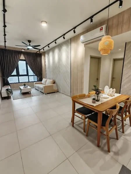 Living features: 3-seater fabric sofa in beige, coffee table, wall-mounted TV, area rug, 5-blade ceiling fan with light, recessed LED downlights, floor-to-ceiling windows, curtains in dark grey, wall with wood paneling, light-colored tiled flooring; style: modern; view: city. Dining features: 6-seater dining table, wooden dining chairs, decorative centerpiece, light fixture above dining table; style: modern.