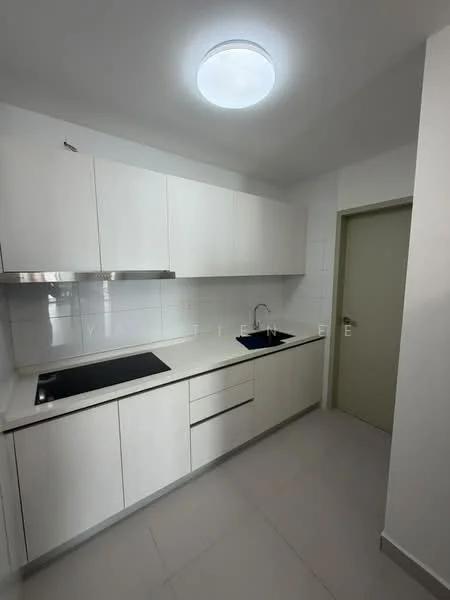 Kitchen features: white cabinetry, stainless-steel sink, chrome pull-down faucet, black cooktop, white countertop, white tiled backsplash, recessed ceiling lights, light grey floor tiles, built-in oven, drawer storage, cabinet storage; style: modern.
