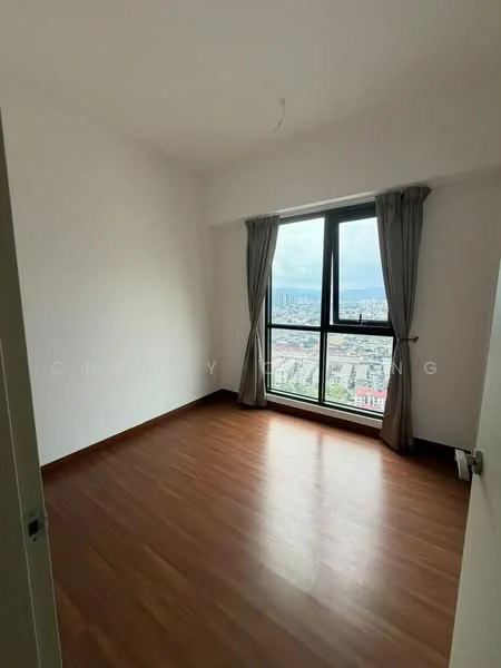 Bedroom features: laminate flooring, white painted walls, floor-to-ceiling window, curtains, city view, light fixture on ceiling, single door, baseboard; view: city.