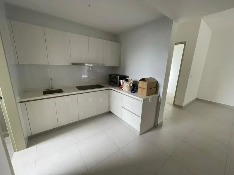 Kitchen features: white flat-panel cabinets, black countertop, single-bowl stainless-steel sink, chrome pull-down faucet, built-in microwave, freestanding range oven, tile flooring, neutral wall color, open layout, recessed downlights; style: modern. Room features: tile flooring, neutral wall color, doorway leading to another room.