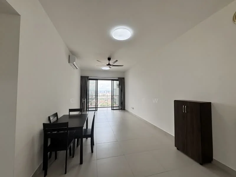 Living features: white painted walls, tile flooring, 5-blade ceiling fan with light, recessed ceiling light, floor-to-ceiling windows, sliding glass door, blackout curtains, dining table for 4, wooden sideboard, city view; style: modern; view: city.