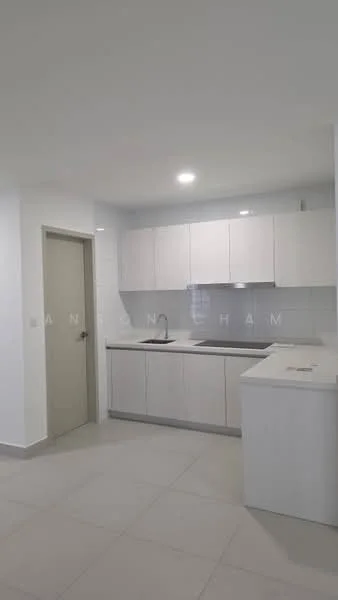 Kitchen features: white shaker cabinets, stainless-steel sink, chrome pull-down faucet, white countertop, ceramic tile flooring, recessed LED downlights, built-in oven, cooktop, wall-mounted cabinet, neutral wall color; style: modern.