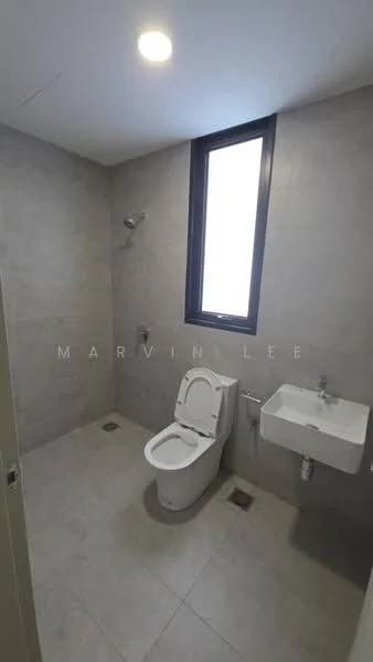 Bathroom features: grey tiled walls, grey tiled flooring, single-sink vanity with wall-mounted faucet, one-piece toilet, shower with wall-mounted shower head, window for natural light, recessed ceiling light; style: modern.