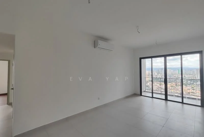 Room features: white painted walls, floor-to-ceiling windows, sliding glass door, 1 wall-mounted split AC, grey tile flooring, city view; style: modern; view: city.