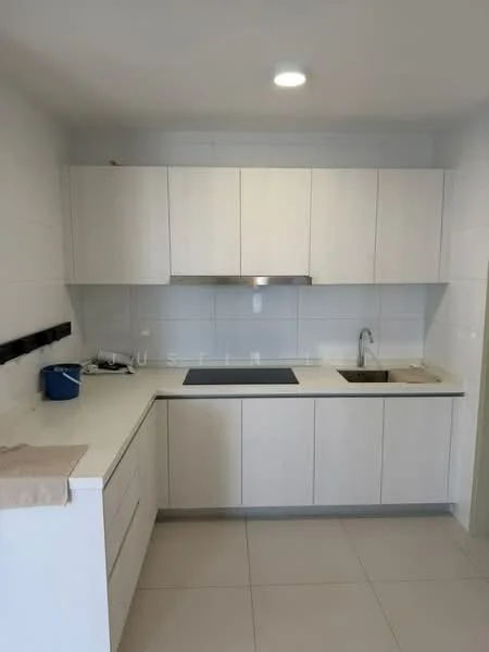 Kitchen features: white cabinetry, white countertop, built-in stove, single-bowl stainless-steel sink, chrome pull-down faucet, white tiled backsplash, under-cabinet lighting, ceramic tile flooring, recessed ceiling lights; style: modern.