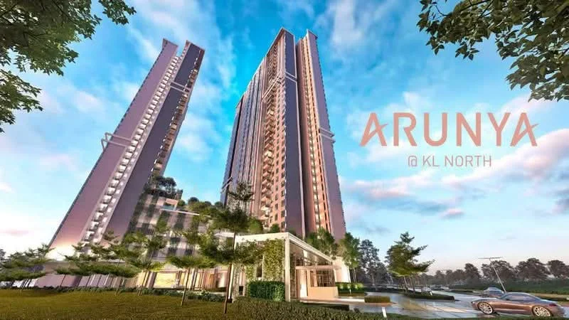 Exterior type: high-rise condominium; features: glass curtain wall, pink painted facade, recessed balconies, landscaped garden, manicured lawn, surrounded by trees, modern architectural design, multiple storeys, outdoor seating area, water feature, skyline view in background; style: modern.