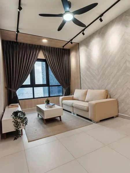 Living features: beige fabric sofa, white coffee table, area rug, floor-to-ceiling windows, grey curtains, wood panel accent wall, recessed downlights, 5-blade ceiling fan with light, decorative plant, light-colored tiled flooring; style: modern; view: city.