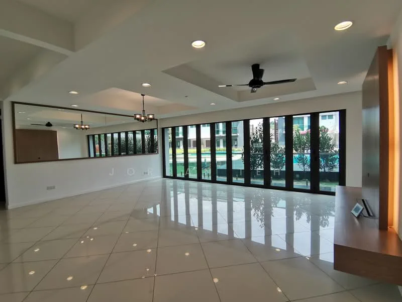 Living features: large floor-to-ceiling windows, sliding glass door, white painted walls, recessed downlights, 5-blade ceiling fan with light, glossy ceramic tile flooring, wooden feature wall, built-in shelving unit, open layout, view of outdoor greenery; style: modern; view: garden.