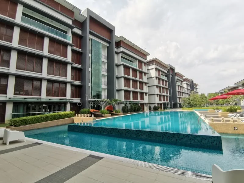 Exterior type: high-rise condominium; features: infinity pool, pool deck with loungers, landscaped garden, glass curtain wall facade, red umbrellas, manicured lawn, multiple storeys, balconies with sliding glass doors; style: modern.