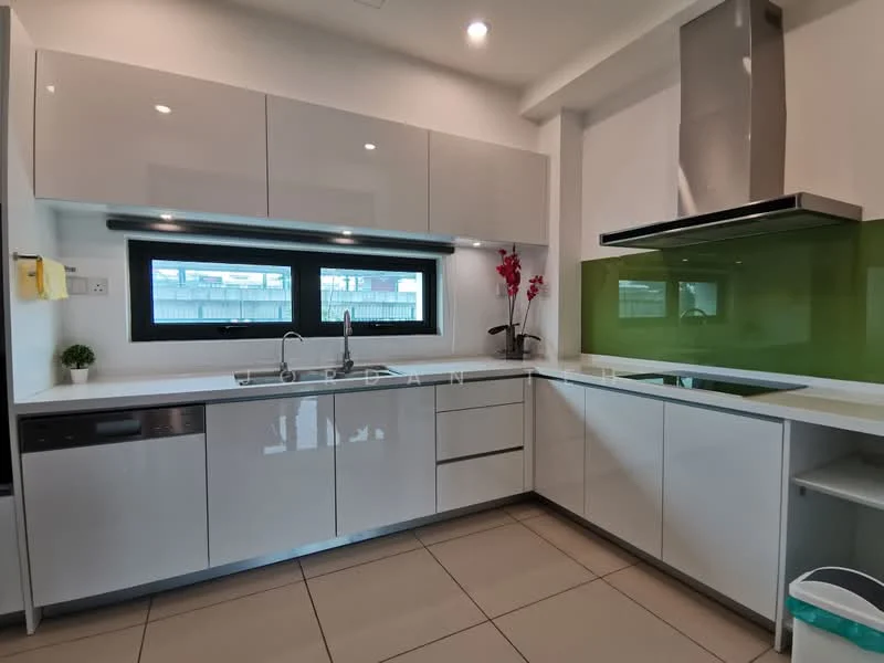 Kitchen features: white high-gloss cabinetry, green glass backsplash, stainless-steel sink, chrome pull-down faucet, built-in dishwasher, built-in oven, induction cooktop, under-cabinet lighting, countertop with integrated storage, two windows, decorative plant, neutral tile flooring; style: modern.