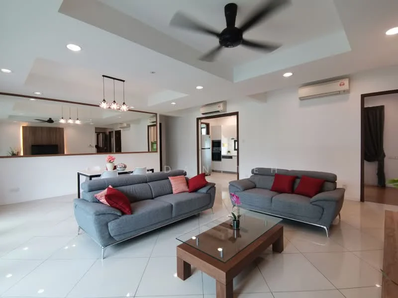 Living features: 2 grey fabric sofas with red cushions, wooden coffee table, 5-blade ceiling fan with light, recessed downlights, white painted walls, glossy tile flooring, wall-mounted air conditioning unit, open layout to kitchen, decorative plant on table, TV console visible in background; style: modern.