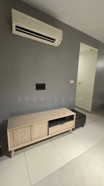 Living features: wall-mounted split AC, light grey painted walls, cream tiled flooring, wooden TV console with drawers, black storage unit, electrical outlet on wall, doorway leading to another room; style: modern.