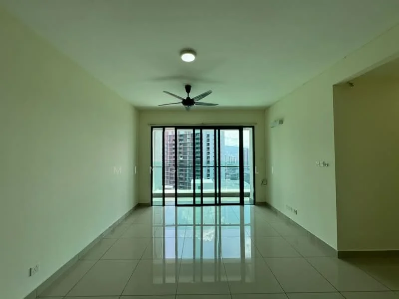 Living features: white painted walls, glossy ceramic tile flooring, 5-blade ceiling fan with light, floor-to-ceiling sliding glass doors, balcony access, natural light from large windows, neutral color palette, open layout; style: modern; view: city.