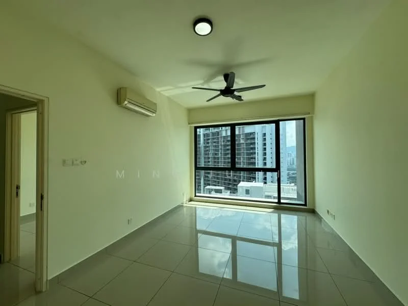 Room features: white painted walls, glossy ceramic tile flooring, floor-to-ceiling windows, city view, 1 wall-mounted split AC, 5-blade ceiling fan with light, neutral color scheme, natural light from windows; style: modern; view: city.