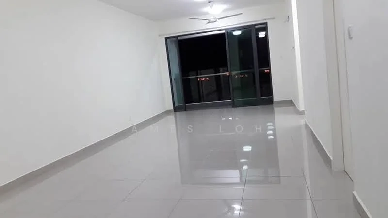 Room features: white painted walls, glossy ceramic tile flooring, ceiling fan, floor-to-ceiling windows, sliding glass door, balcony access, neutral color scheme, recessed downlights; style: modern; view: city.