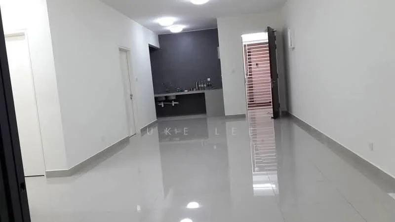 Room features: white painted walls, grey accent wall, glossy tile flooring, recessed ceiling lights, doorway leading to another room, window with blinds, open kitchen area, kitchen counter with sink; style: modern.
