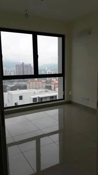 Room features: large floor-to-ceiling window, city view, white painted walls, glossy tile flooring, neutral ceiling, no visible furniture, natural light, minimalist design; style: modern; view: city.