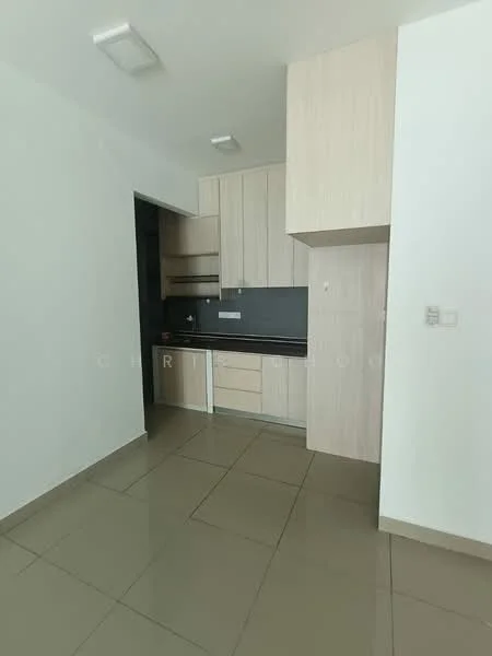 Kitchen features: light wood cabinetry, black countertop, stainless-steel sink, single-bowl stainless-steel sink, built-in oven, ceramic tile flooring, recessed downlights, wall-mounted cabinets, kitchen island, grey backsplash; style: modern.