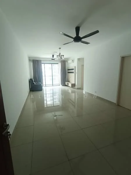 Living features: white painted walls, glossy tile flooring, 5-blade ceiling fan, recessed downlights, large sliding glass door, floor-to-ceiling windows, curtains, air conditioning unit, sofa, coffee table; style: modern; view: city.
