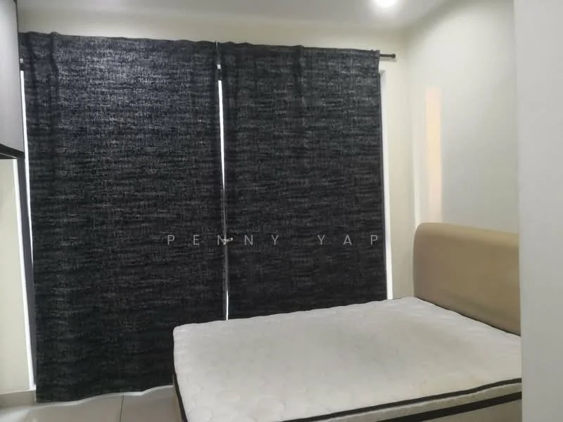 Bedroom features: queen-size bed, blackout curtains, light-colored walls, tile flooring, wall-mounted light fixtures, headboard, minimalist decor; style: modern.