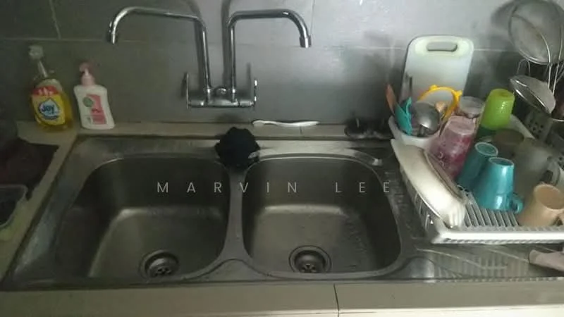 Kitchen features: double-bowl stainless-steel sink, chrome pull-down faucet, grey tiled backsplash, countertop with storage underneath, dish rack with various dishes, bottle of dish soap, hand soap dispenser, sponge holder, various utensils and cups.