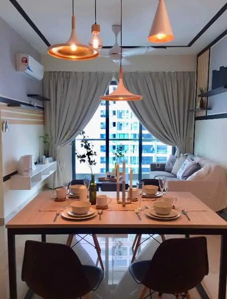 Dining features: 6-seater dining table, wooden dining chairs, white plates, silver cutlery, glass candle holders, decorative plant on table, pendant lighting above table, floor-to-ceiling windows, sheer curtains, air conditioning unit on wall, wall-mounted shelves, decorative items on shelves, sofa in background, decorative cushions on sofa; style: modern; view: city.