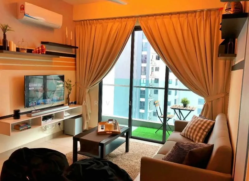 Living features: 3-seater fabric sofa in light grey, coffee table, wall-mounted TV, TV console with open shelving, area rug, floor-to-ceiling windows, sheer curtains, balcony view, decorative plants, wall-mounted decor, air conditioning unit, throw pillows; style: modern; view: city.