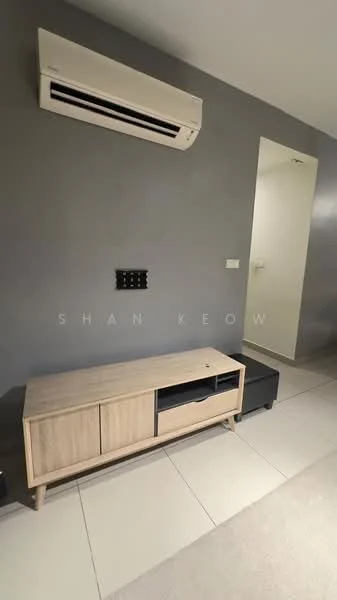 Living features: wall-mounted split AC, light grey painted walls, white tiled flooring, wooden TV console with drawers, black TV console, power outlet, doorway leading to another room; style: modern.