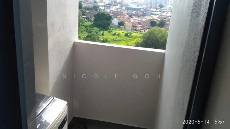 Room features: small balcony, concrete walls, grey tiled flooring, view of surrounding greenery and buildings, washer or dryer unit; view: city.