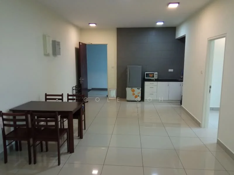Living features: white painted walls, grey accent wall, glossy tile flooring, recessed LED downlights, dining table with 4 wooden chairs, stainless-steel fridge, microwave, kitchen cabinetry, open layout, door leading to another room, wall-mounted air conditioning unit; style: modern.