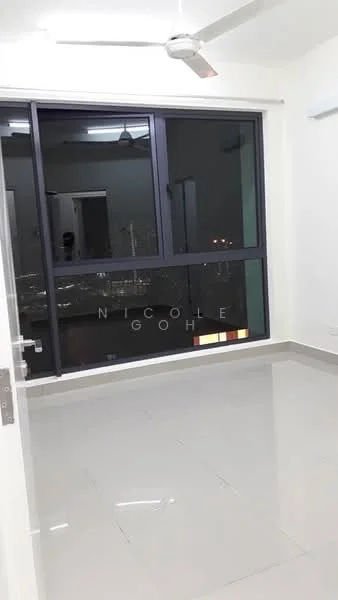 Room features: large floor-to-ceiling windows, grey tiled flooring, white painted walls, ceiling fan, city view, minimalist design, neutral color palette, recessed lighting; style: modern; view: city.