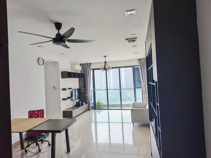 Living features: 5-blade ceiling fan with light, wall-mounted TV, TV console, sofa in light grey, dining table with 4 chairs, large sliding glass door, floor-to-ceiling windows, white walls, recessed downlights, marble tile flooring, curtains, decorative plant; style: modern; view: city.