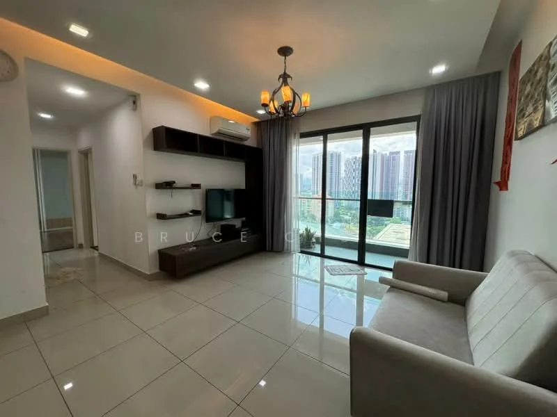 Living features: grey tiled flooring, white painted walls, recessed downlights, chandelier, floor-to-ceiling windows, sliding glass door, curtains, wall-mounted TV, TV console, sofa in light grey, decorative artwork, open shelving unit; style: modern; view: garden.
