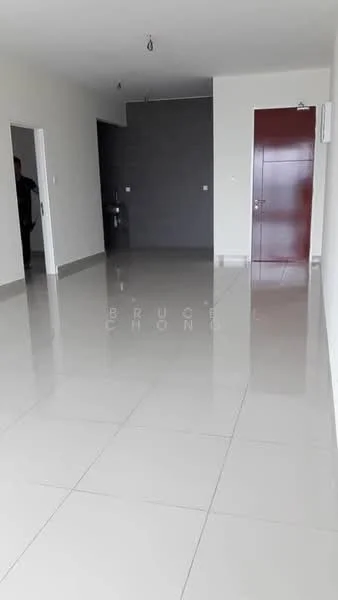 Room features: white painted walls, grey accent wall, glossy tile flooring, recessed ceiling lights, single red door, open layout, doorway leading to another room, doorway leading to kitchen area; style: modern.