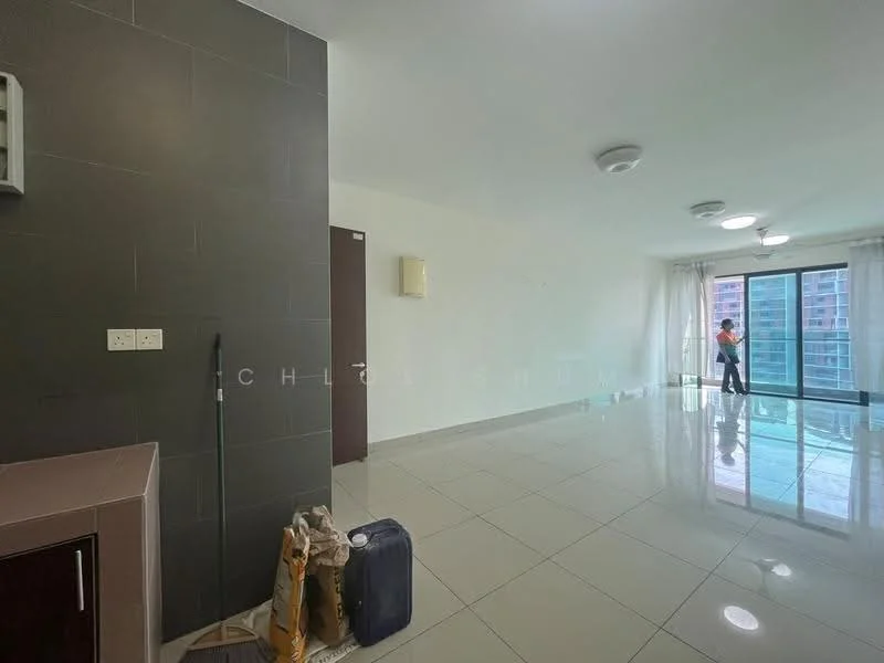 Living features: white painted walls, grey accent wall, glossy ceramic tile flooring, recessed downlights, 2 ceiling lights, floor-to-ceiling windows, sliding glass door, sheer curtains, balcony access, air conditioning unit, open layout; style: modern; view: city.