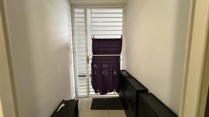 Room features: white painted walls, sliding glass door, window with louvered shutters, tile flooring, doormat, black furniture or storage units, purple curtain, natural light from window.