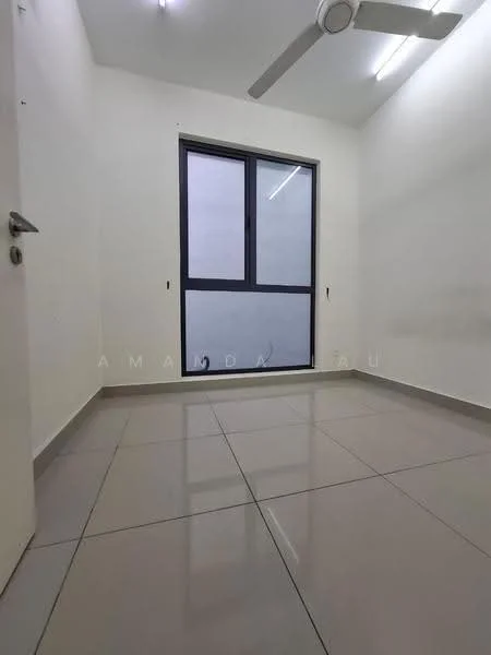 Room features: white painted walls, grey tiled flooring, floor-to-ceiling window, ceiling fan, LED ceiling lights; style: modern.