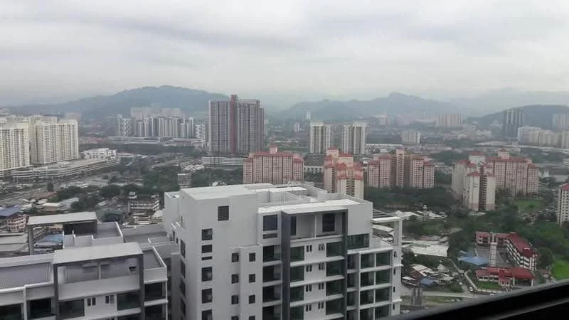 Exterior type: high-rise condominium; features: city skyline view, multiple high-rise buildings, mixed-use development, surrounded by hills, urban landscape, varied architectural styles; style: modern.