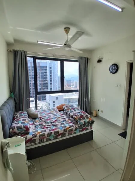 Bedroom features: queen-size bed with colorful patterned bedding, upholstered headboard, floor-to-ceiling windows, city view, grey curtains, ceiling fan, white painted walls, tile flooring, nightstand, wall-mounted clock; style: modern; view: city.